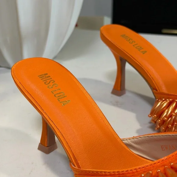 Miss Lola Ewan Orange Beaded Fringe Kitten Heel - Picture 2 of 7